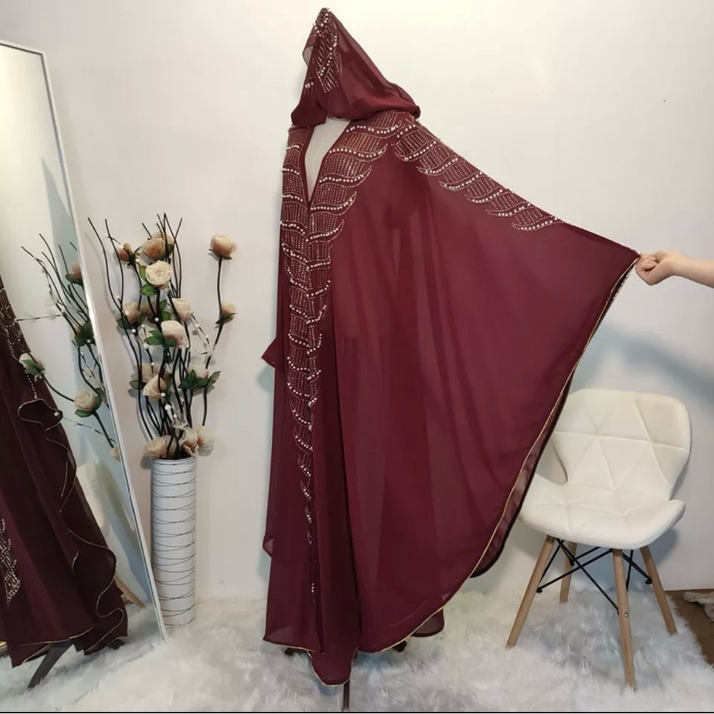 Elegant Red Women's Cape with pearl Embellishments